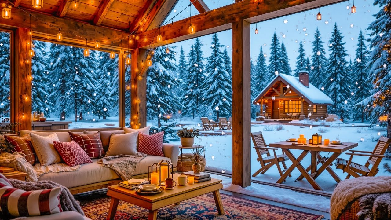 Warm Cabin Porch in Snowy Woods 🎄 Relaxing Jazz & Winter Serenity Ambience