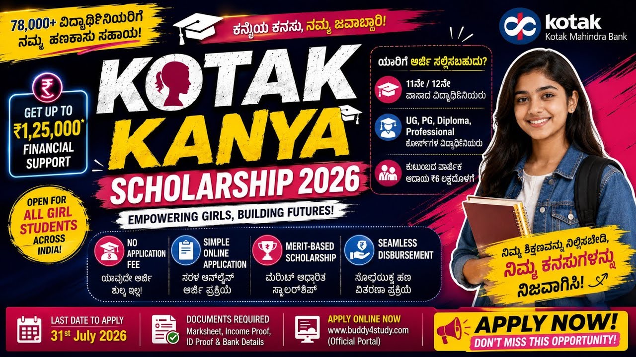 Kotak Kanya Scholarship 2026|₹1.25 Lakh Scholarship 💰 Full Details in Kannada!#scholarship#education
