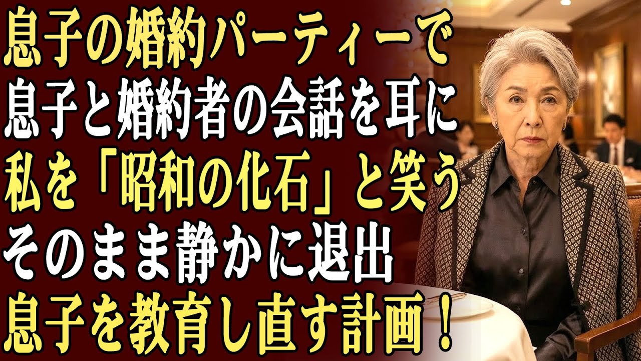 息子の婚約パーティーで、うっかり息子と婚約者の会話を耳にしてしまった。私を「昭和の化石」だと笑い、時代遅れで面倒な存在だと…その直後、ひっそりとパーティーを去り、息子を教育し直す計画を立てた！