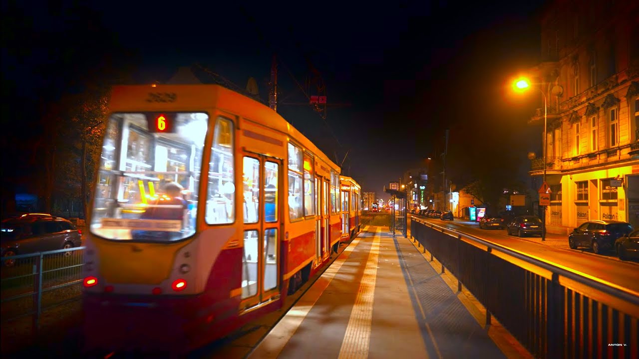 Poland, Ł&oacute;dź, tram 6 night ride from Piotrkowska Centrum to Struga + walk