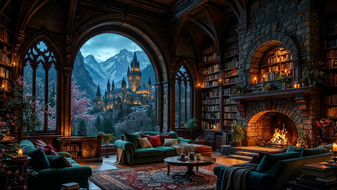 Old Castle Library &ndash; Cozy Fireplace Ambience for Reading & Deep Focus