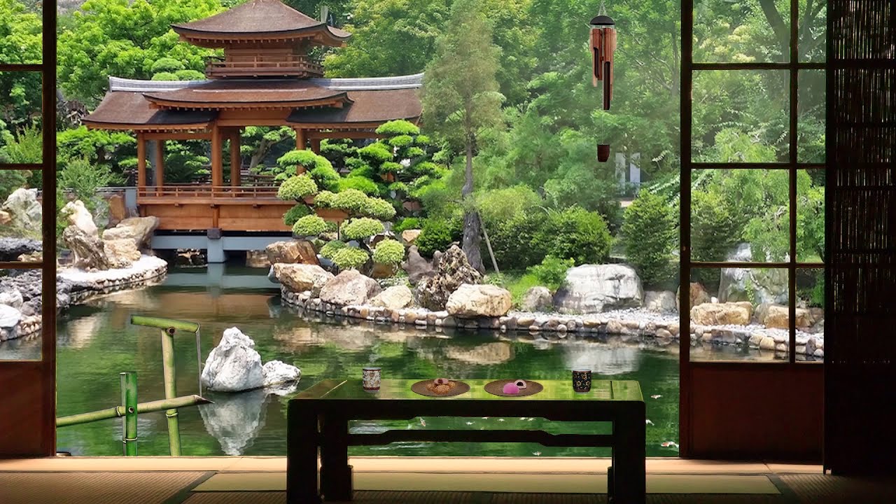 Zen japanese garden ambience - Bamboo fountain & bamboo chime - Ryokan relaxing tea time