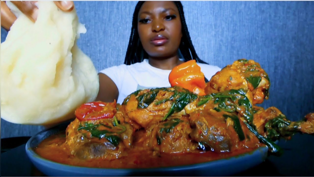 Delicious chicken peanut butter soup with fufu/ Asmr mukbang