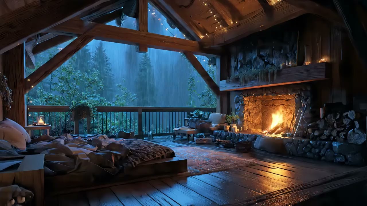 Rainfall and Fireplace Night Ambience — Sleep, Read, Relax