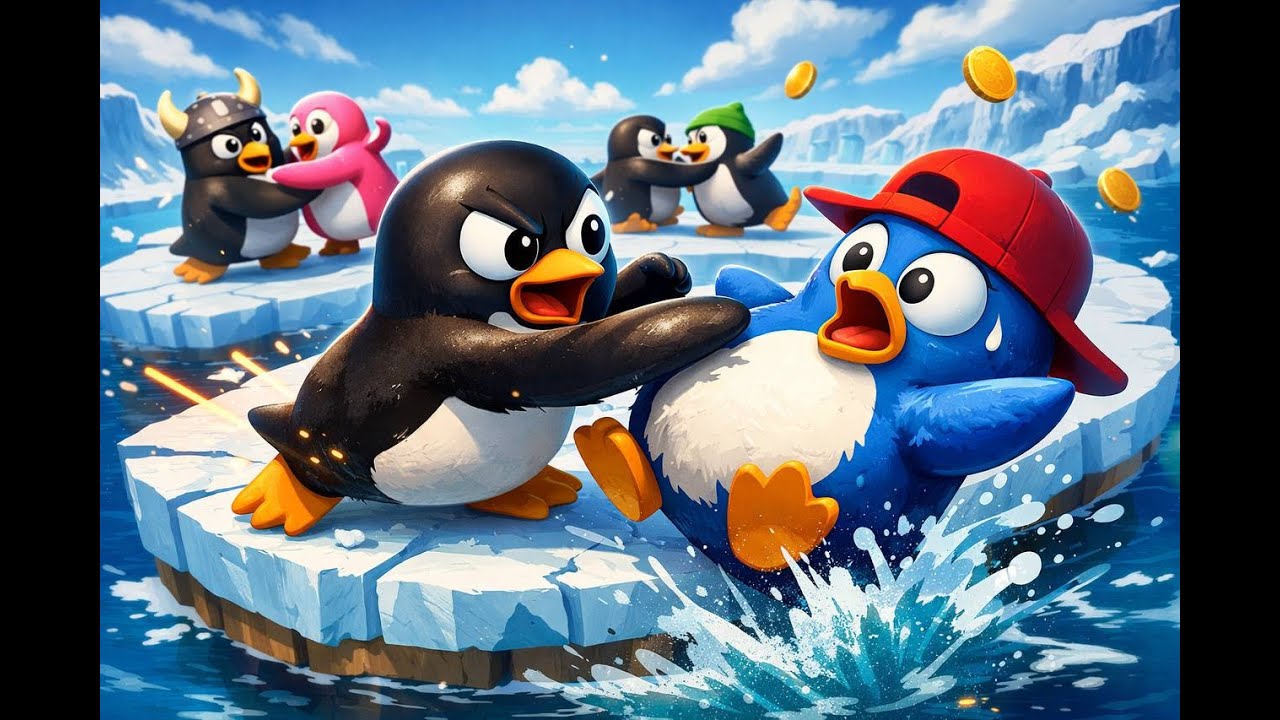 PENGUINS PUSH EACH OTHER ON ICE