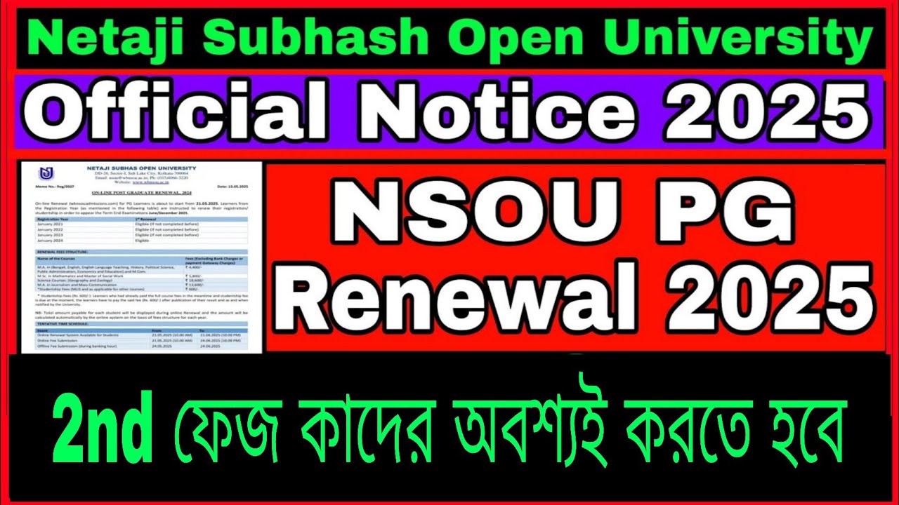 NSOU PG Renewal 2024-2025 2nd Phase// Netaji Subhash Open University PG( MA MSC MCOM) Renewal 2025