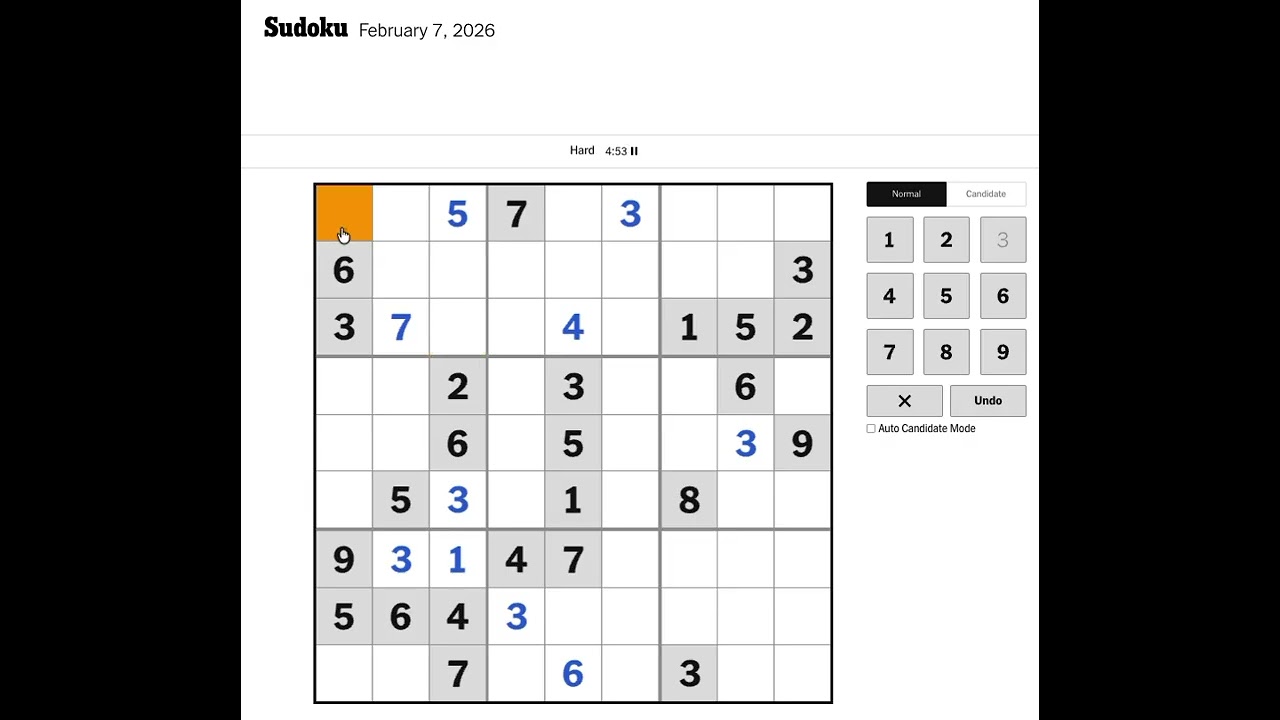 New York Times Sudoku Hard Solution for February 7, 2026: Solving without Markings