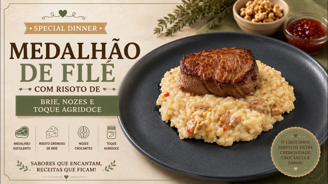 Special dinner ✨Medalhão de filé com risoto de brie, nozes e geléia de pimenta