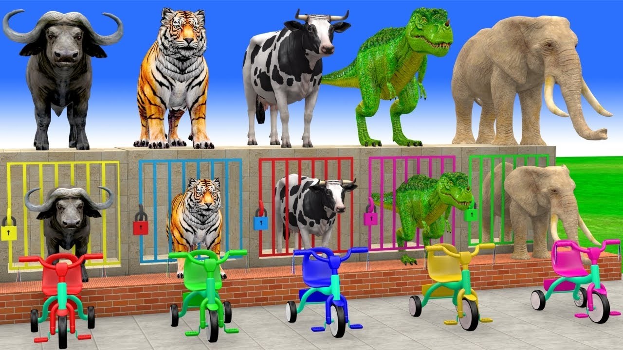 Long Slide Game With Cow Elephant Gorilla Hippopotamus Tiger 3d Animal Game Funny 3d AnimalsVideo