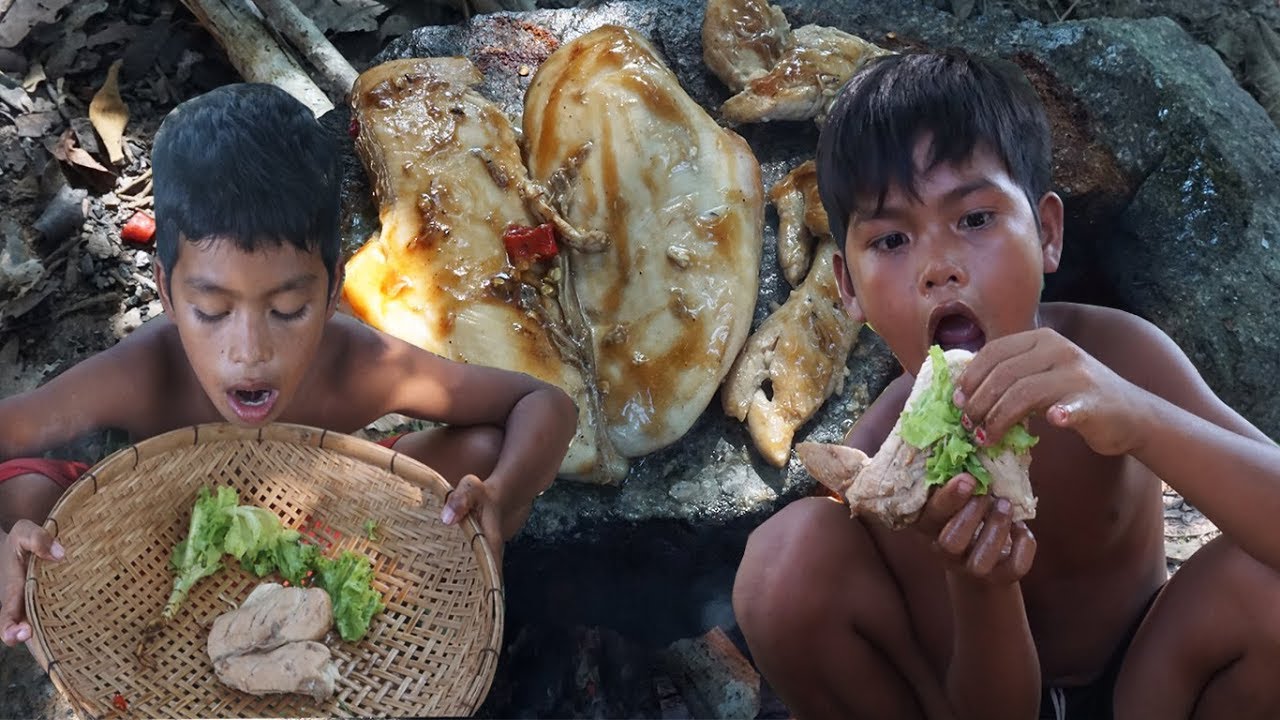 Primitive Technology KH - Eating delicious - Find Food and Cooking Chicken pox on a rock