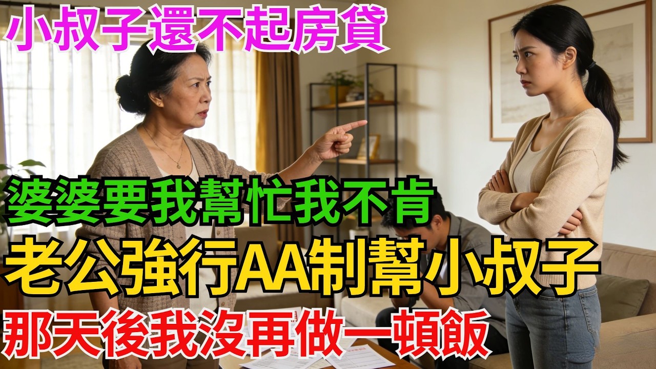小叔子還不起房貸，婆婆要我幫忙我不肯，老公強行AA制幫小叔子。那天後我沒再做一頓飯，老公質問我：讓婆婆來做！【阿馨夜讀】#故事分享#情感#婆媳矛盾#AA制
