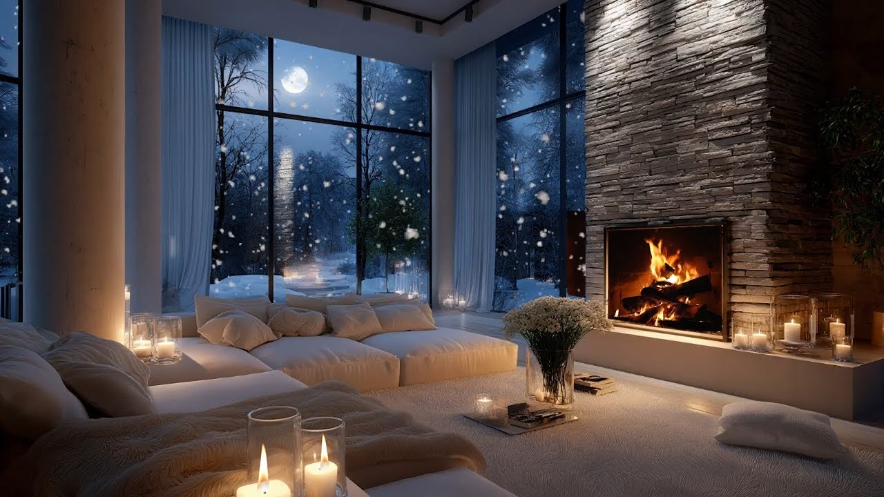 Moonlit Fireplace Piano 🌙 Cozy Winter Night with Candles & Snow | 4 Hours