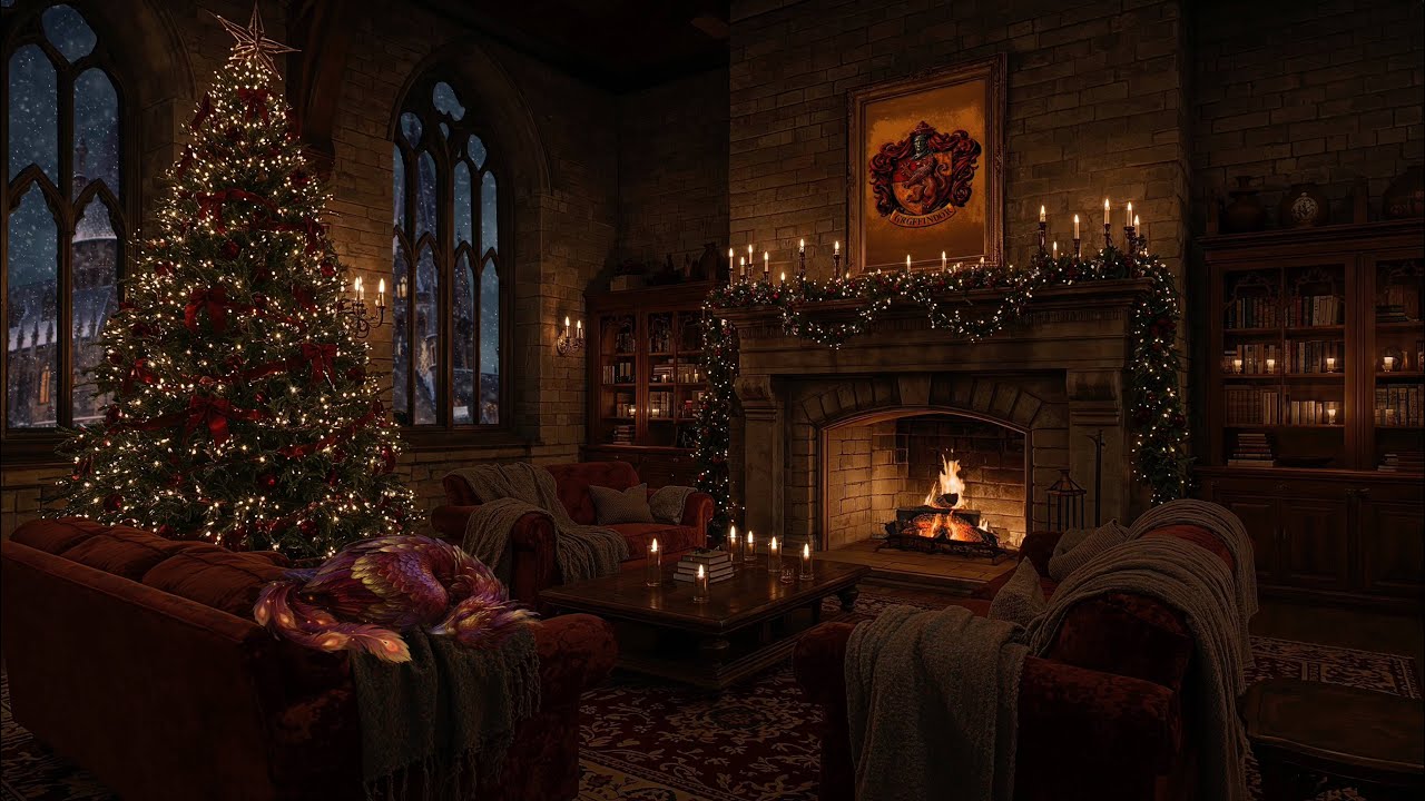 Gryffindor Common Room Fireplace 🔥 Blizzard Outside ❄️ Cozy Christmas Ambience