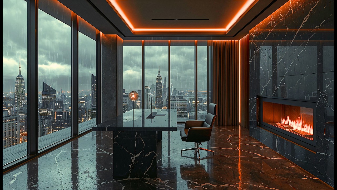 Penthouse Office Fireplace 🔥 Rainy Night Ambience for Study, Focus & Work (10 Hours, 4K)