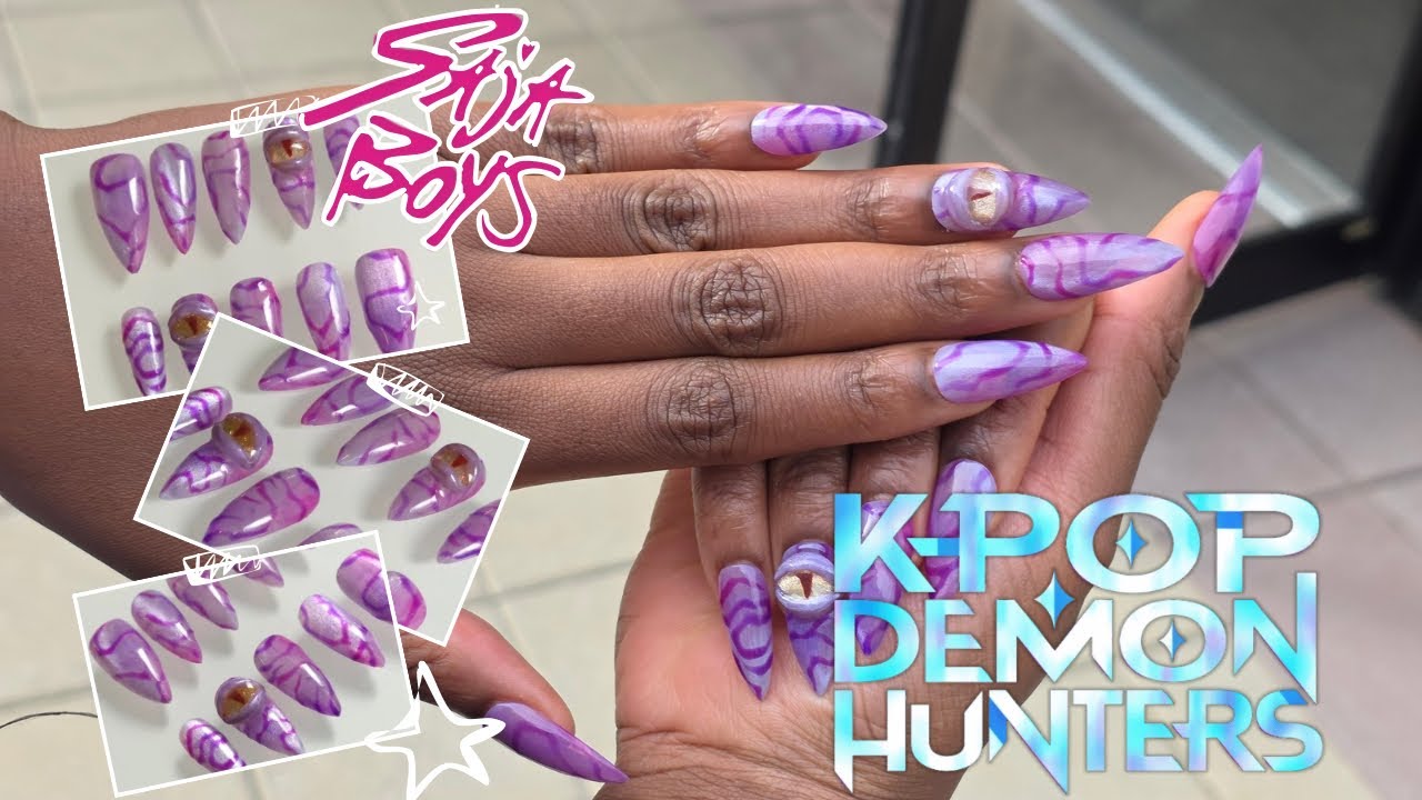make Saja Boys nails with me, Kpop Demon Hunters,  gel press ons, 3D nail art, cateye gel