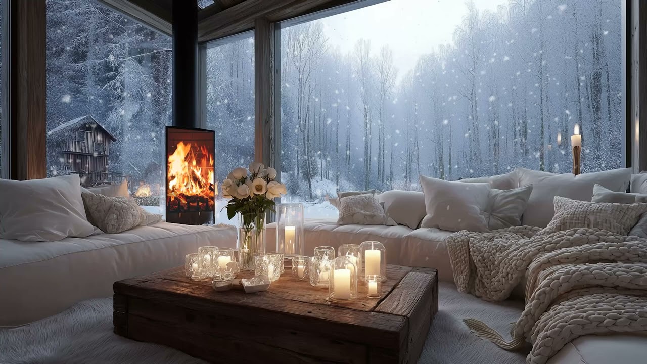 Cozy Winter Piano Lounge | Calming Fireplace Crackle for Study, Work, Relaxation & Sleep