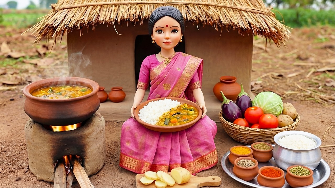 Miniature Doll Clay Pot Cooking ASMR 🍲🌿| Lentil & Vegetable Curry |Indian Village Tiny Kitchen Story