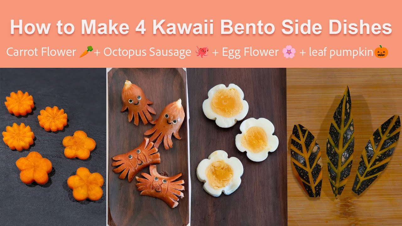 Full Tutorial How to Make 4 Kawaii Bento Side Dishes (Garnishes) 🐙🌸🥕🎃 | Easy & Cute Ideas week 2