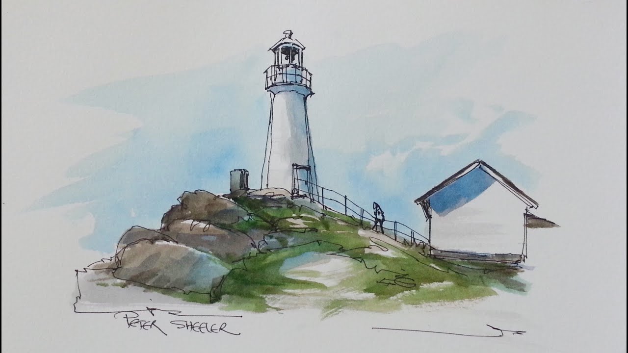 Pen and Wash Watercolor Tutorial. Cape Spear Lighthouse by Peter Sheeler