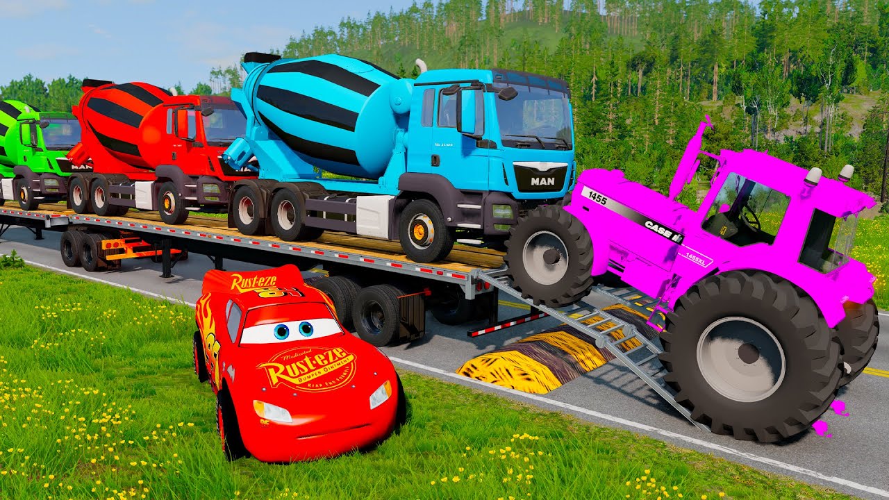 Flatbed Truck McQueen | Transportation with Truck - Pothole vs Car #100 | BeamNG.Drive Gameplay