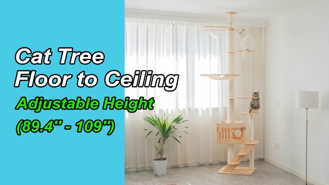PETOMG Cat Tree Floor to Ceiling, Rubber Wood, No Drilling, Adjustable Height(230cm - 280cm)