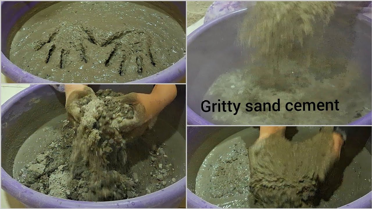 New:Gritty sand cement  pouring in  water+mixing,dusty crunchy texture. Normal + speedy reverse vid.