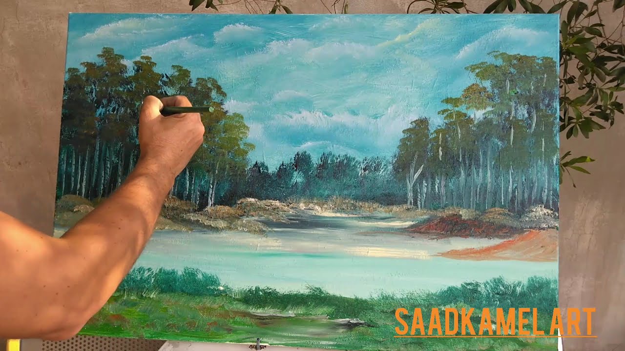 رسم منظر طبيعي بالألوان الزيتيه...How to paint a beautiful landscape oil paint colors