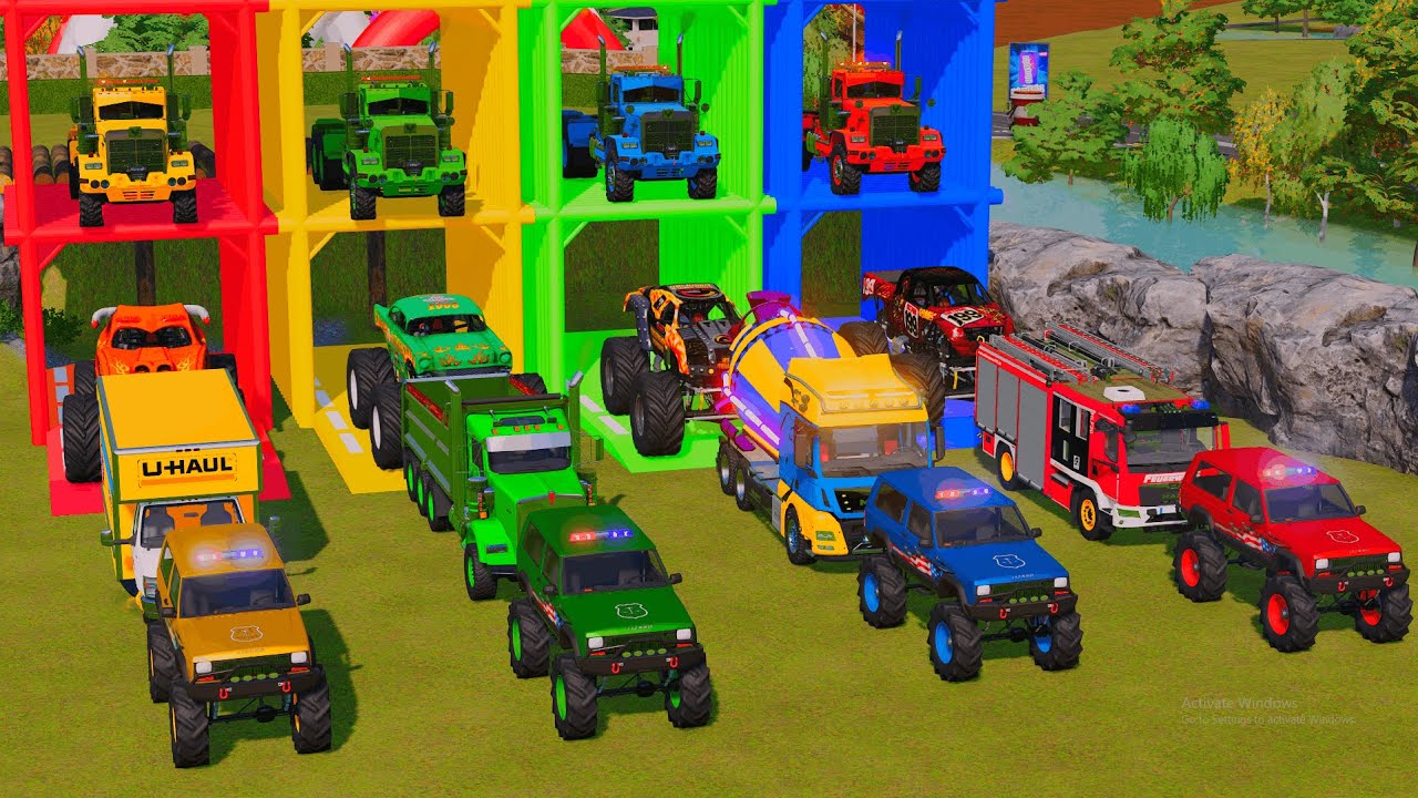 Garage with Colors - ALL POLICE CARS, MONSTER TRUCK WITH DOUBLE TRAILER, TLX PHOENIX, SCANIA IN FS22