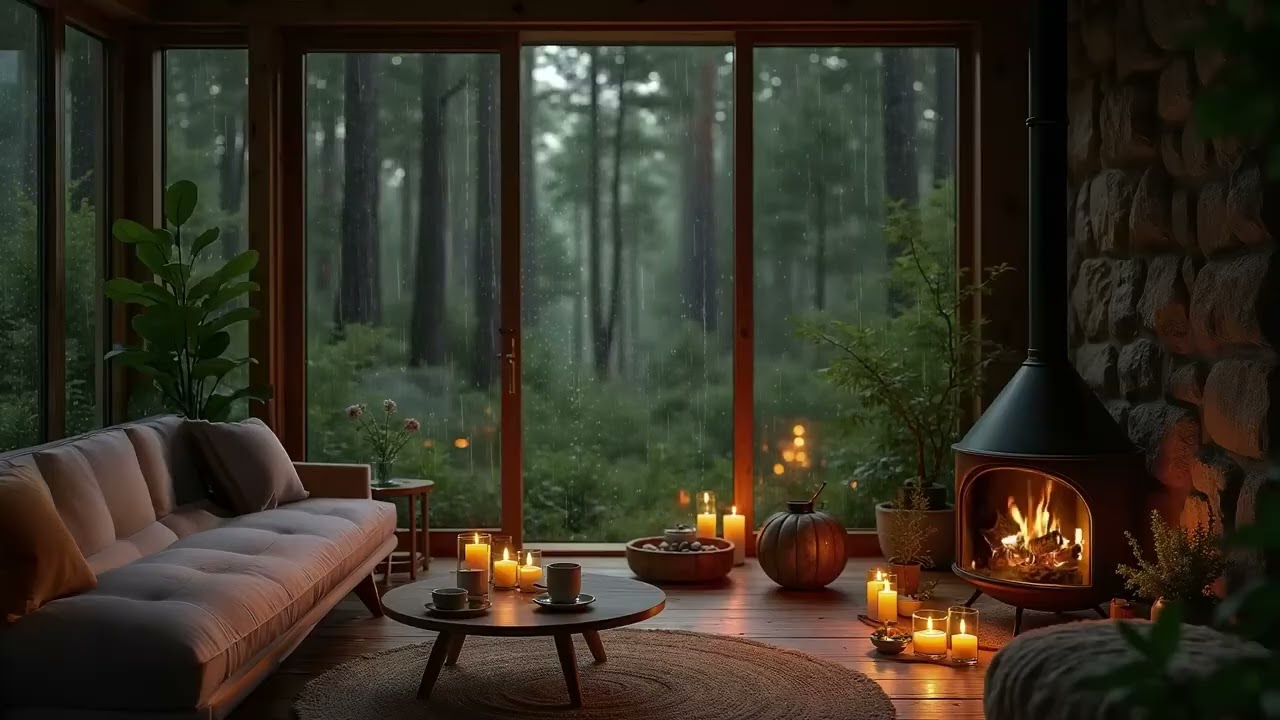 Cozy Forest Rain on Cozy Cabin Ambience Fireplace and Rain Sounds for Deep Relaxation
