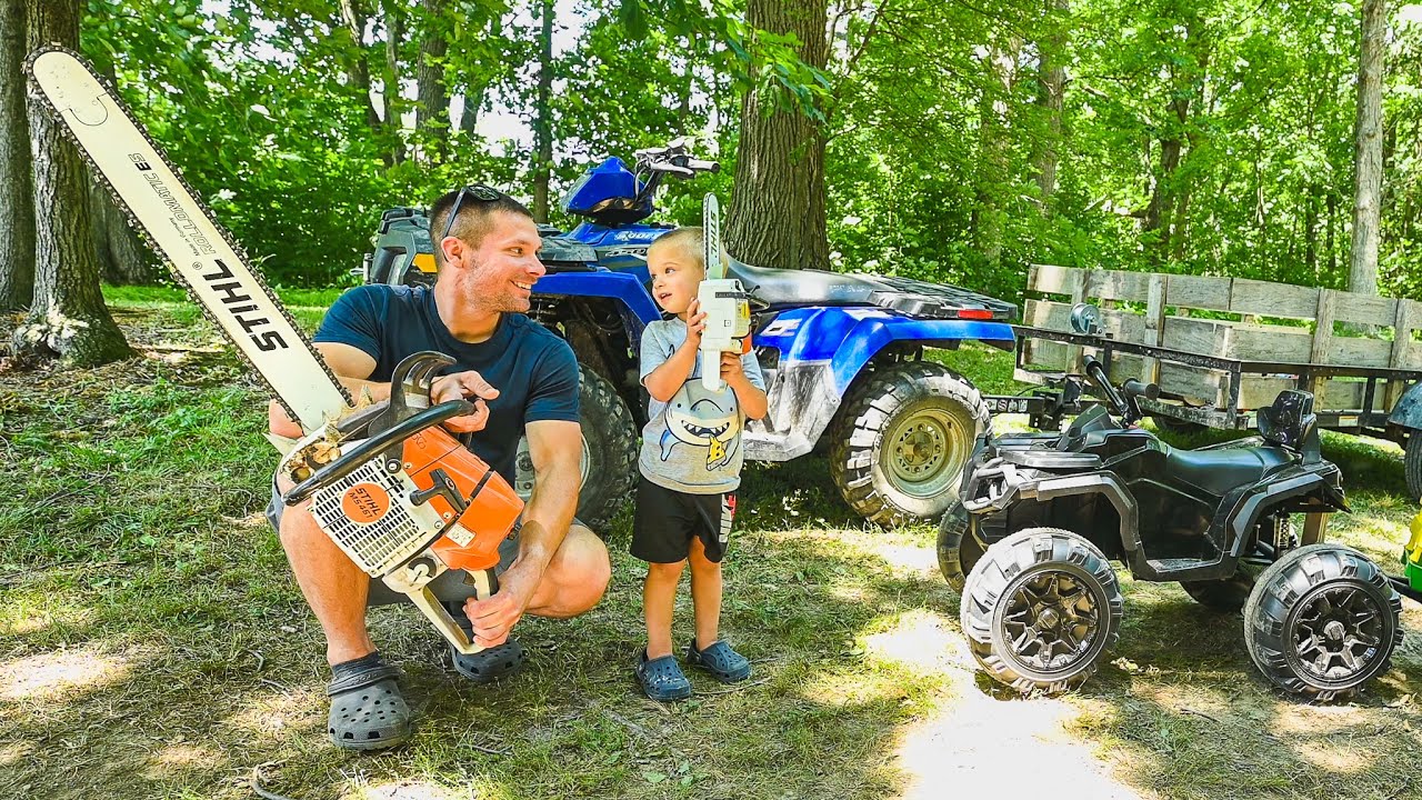 Firewood with Dad. Chainsaws and Four wheelers - real and toys