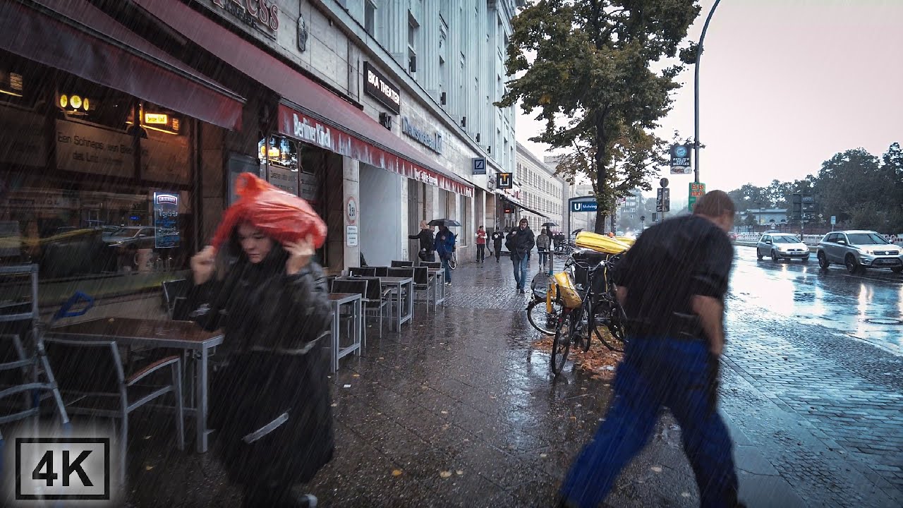 Walking in Heavy Rain & Thunderstorm in Berlin Germany Kreuzberg - Mehringdamm [4K] Moody ASMR 🌧️🌧️