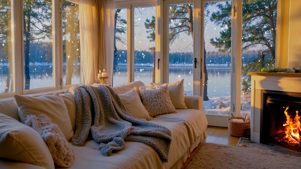 Serene Winter Cabin Night by the Lake 🌙 | Piano Music, Crackling Fireplace & Falling Snow