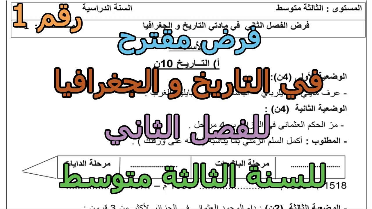 فرض مقترح (رقم 1) في التاريخ و الجغرافيا للفصل الثاني للسنة الثالثة متوسط 2026