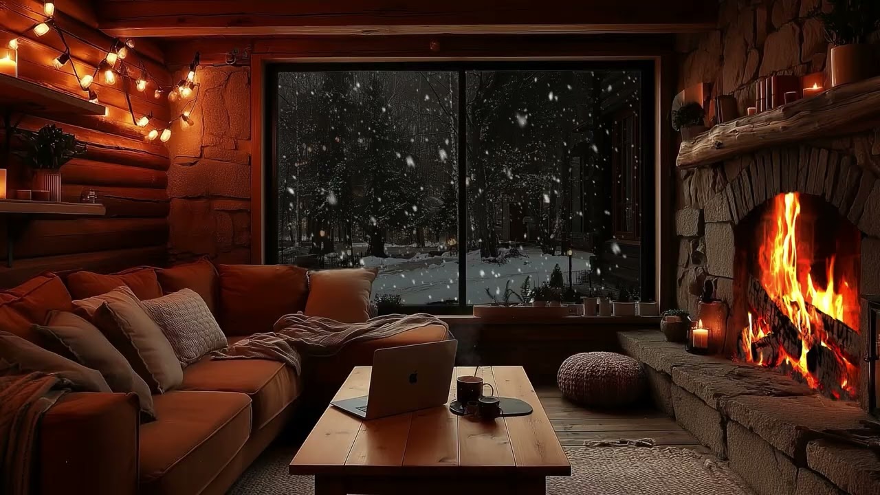 Warm Cabin Night in Falling Snow | Firelight Within, Snow Drifting Outside for Deep Sleep and Relax