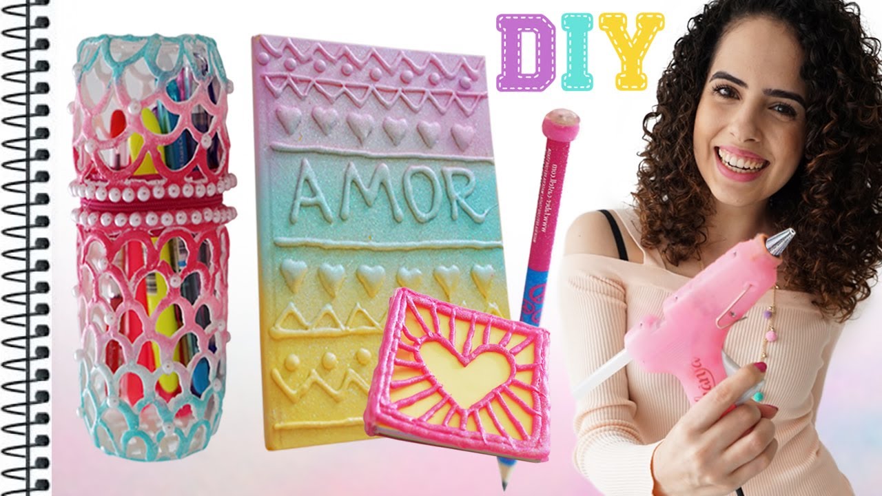 DIY MATERIAL ESCOLAR DE COLA QUENTE: estojo, caderno, bloco de notas e borracha | Paula Stephania