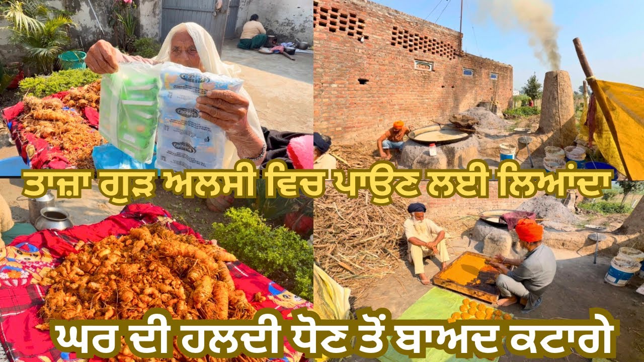 ਤਾਜ਼ਾ ਗੁੜ ਲਿਆਂਦਾ ਤੇ ਘਰਦੀ ਹਲਦੀ ਧੋਣ ਤੋ ਬਾਅਦ ਕਟਾਗੇ ।