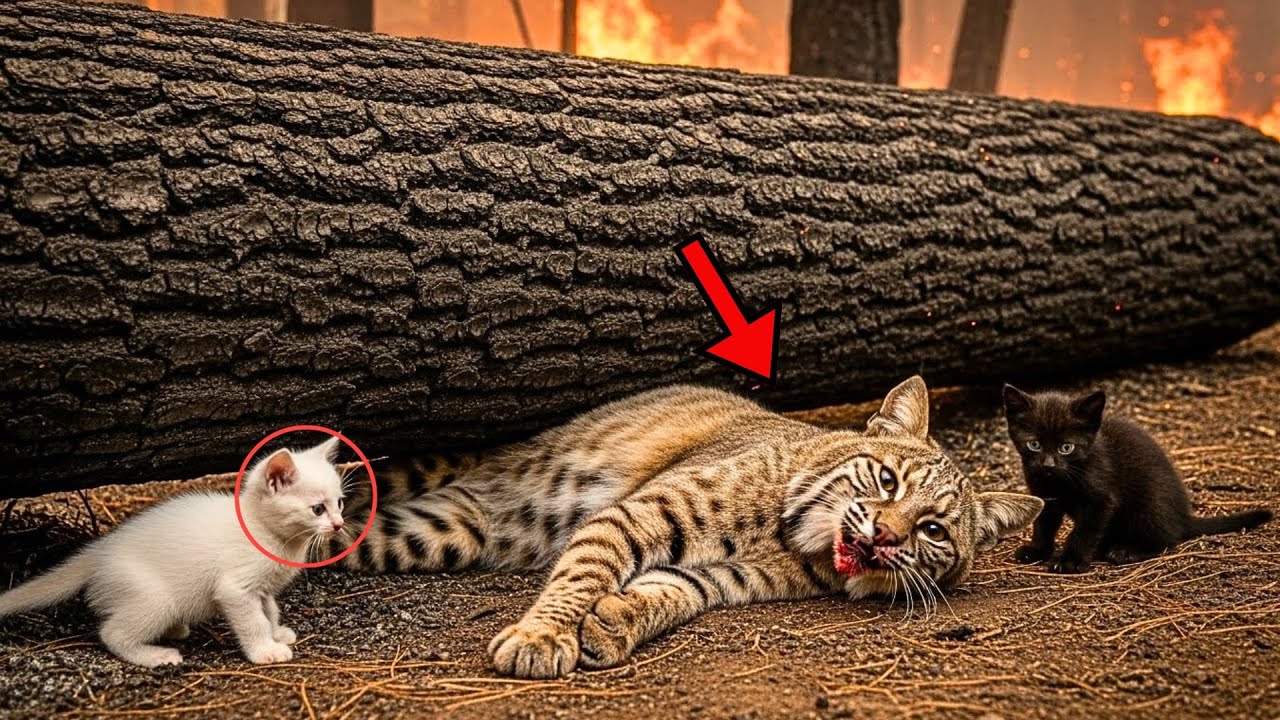 2 Stray Kittens See Pregnant Bobcat Trapped Under Fallen Tree in Fire – Their Action Will BREAK YOU!