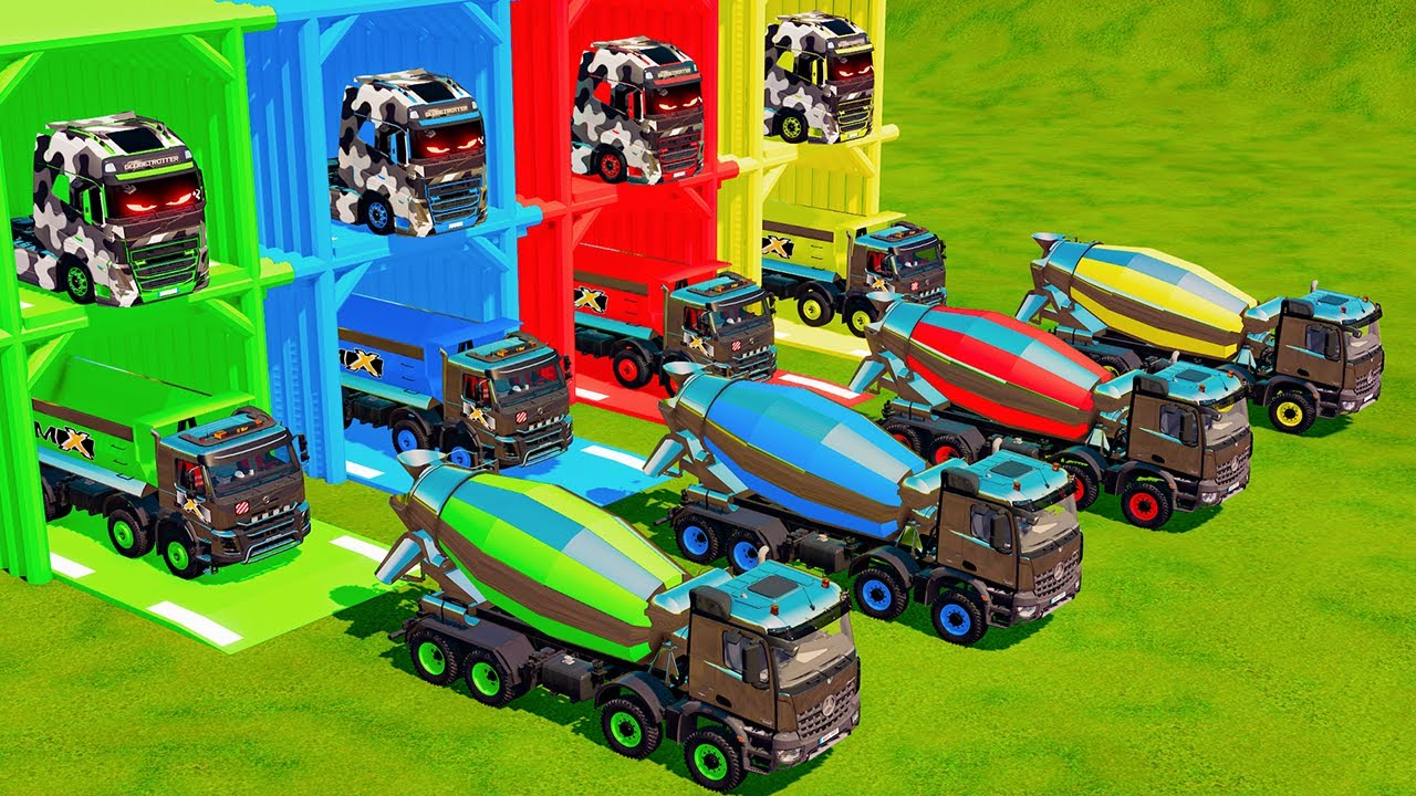 Garage with Colors - ALL MIXER TRUCK WITH DOUBLE FLATBED TRAILER TRUCK, VOLVO, MERCEDES - FS22