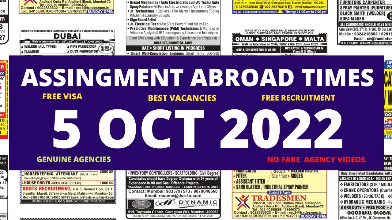 Assignment Abroad Times Today, 5 Oct 2022, pdf today 2022 free download mumbai, Newspaper vacancies