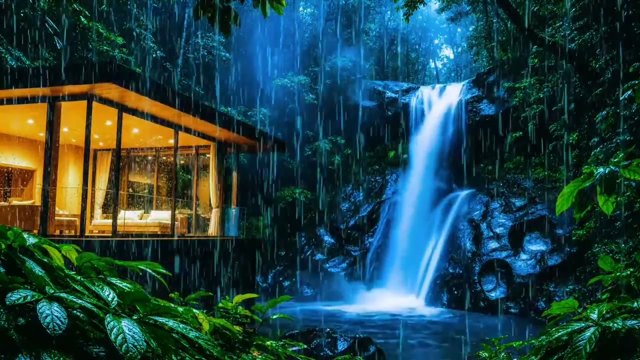 Heavy Rain & Waterfall at a Modern Glass House 🌧️💧 Deep Sleep, Relaxation & Focus
