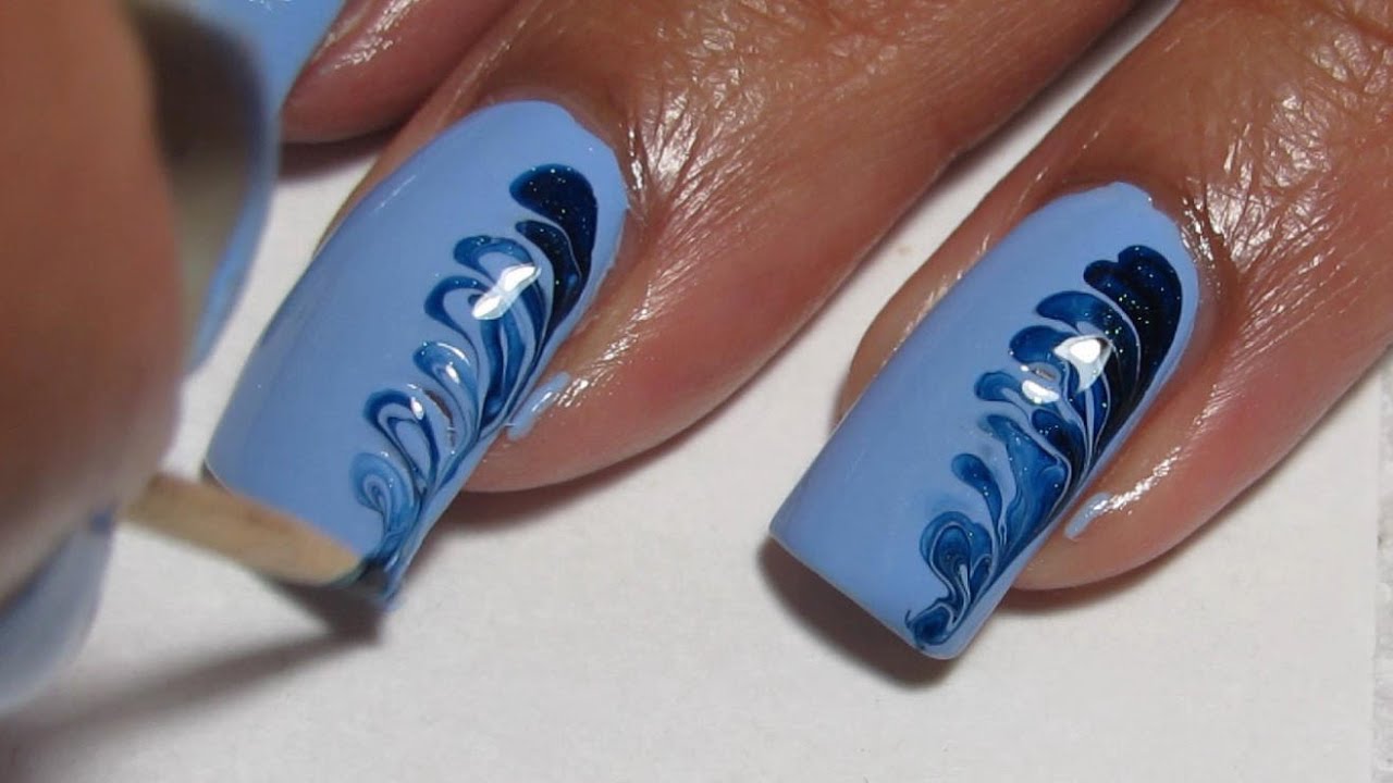 Simple Blue Drag Marble Nail Art Tutorial