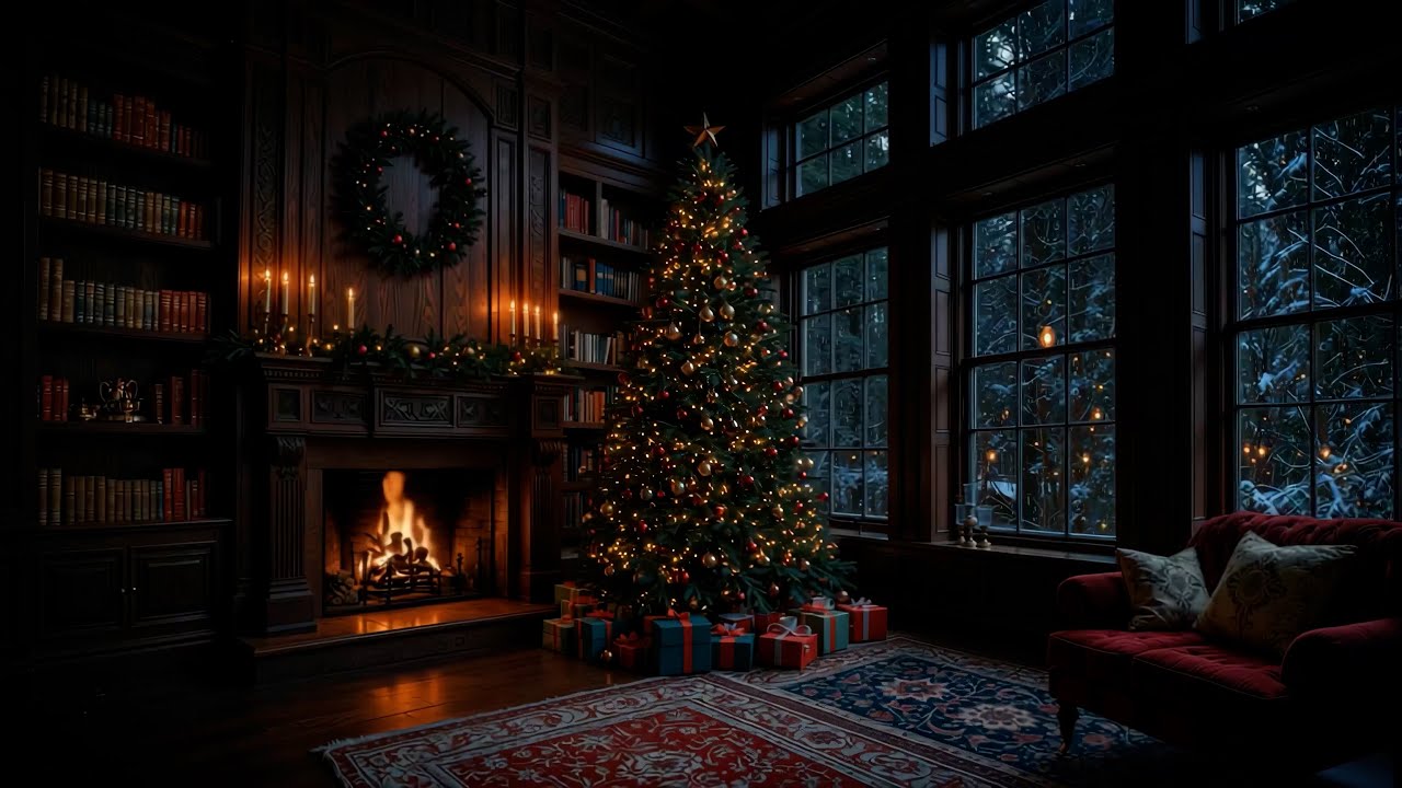 Cozy Christmas Tree Library – Fireplace, Snow & Distant Thunder | Christmas Ambience 4K
