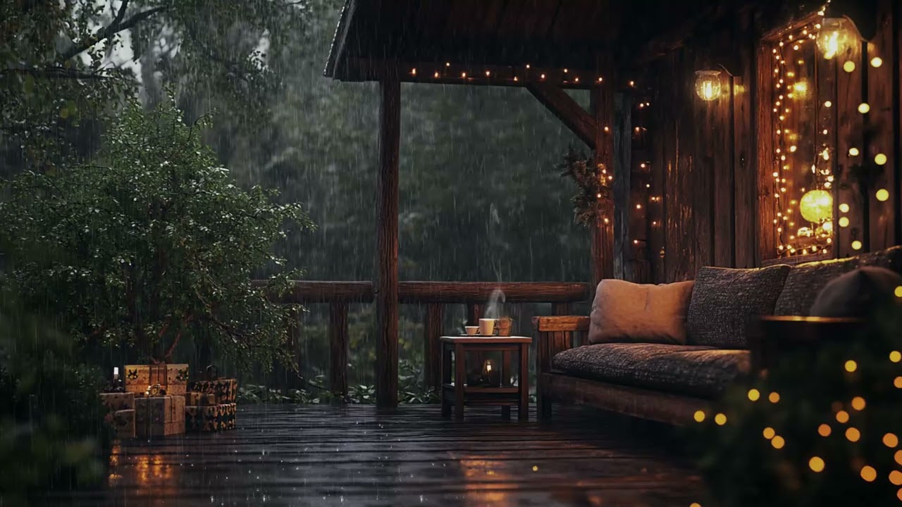 Peaceful Forest Rain Heard from a Candlelit Winter Balcony for Calm Sleep and Night Relaxation ASMR