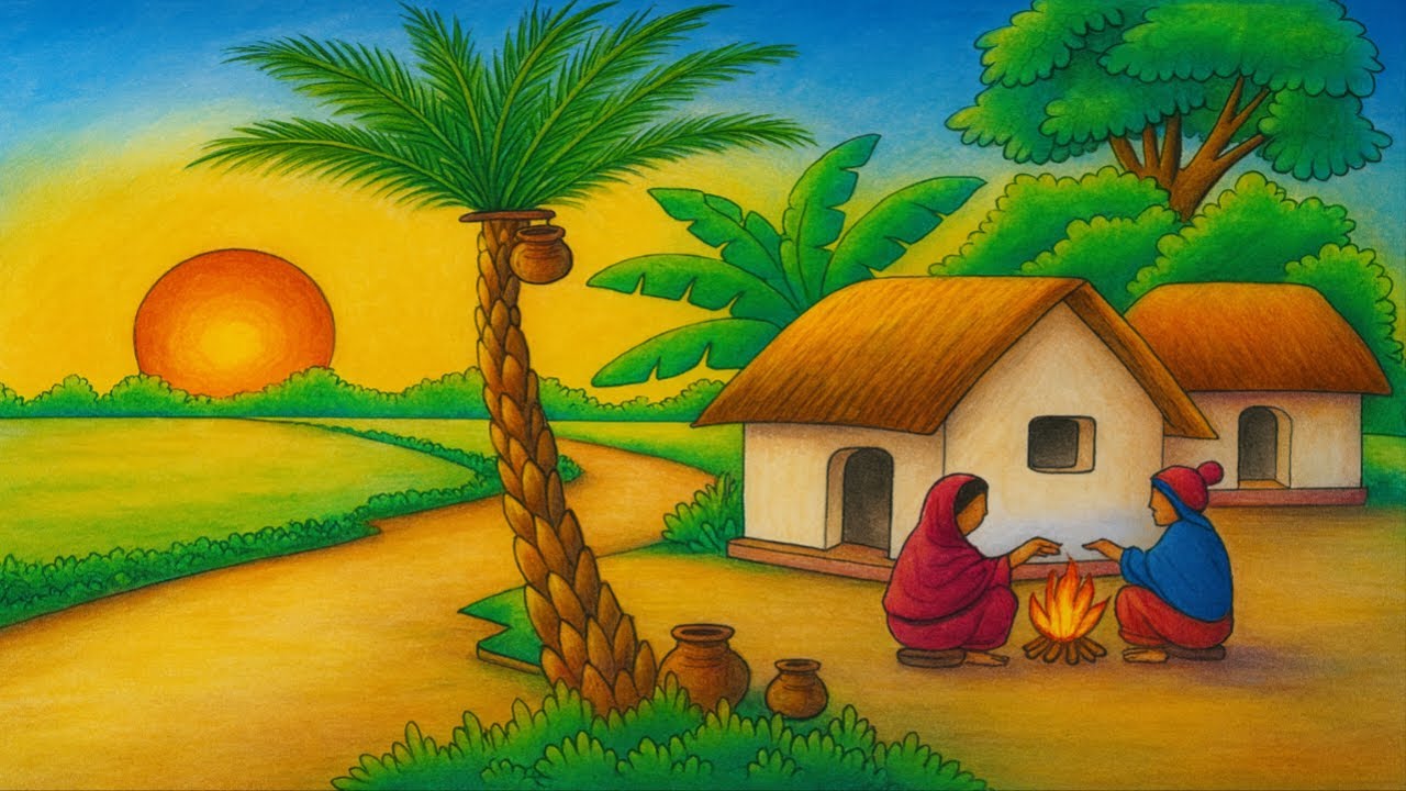 Winter Season Scenery Drawing With Colour / Winter Morning Scenery Drawing / Shitkaler Drissho Art
