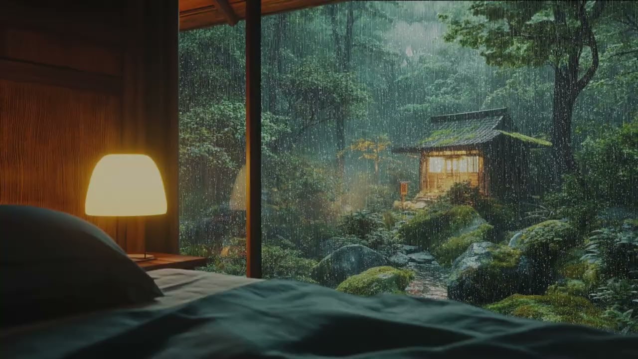 Lying in Bed Listening to Soft Rain Through the Bedroom Window to Relax and Rest