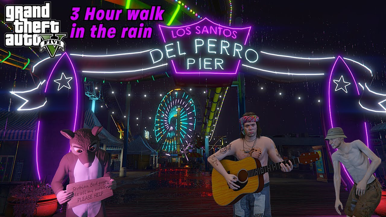 GTA V - Rainy Night Walk at Del Perro Pier & Vespucci Beach - 3 Hour Relaxing Ambience For Sleep