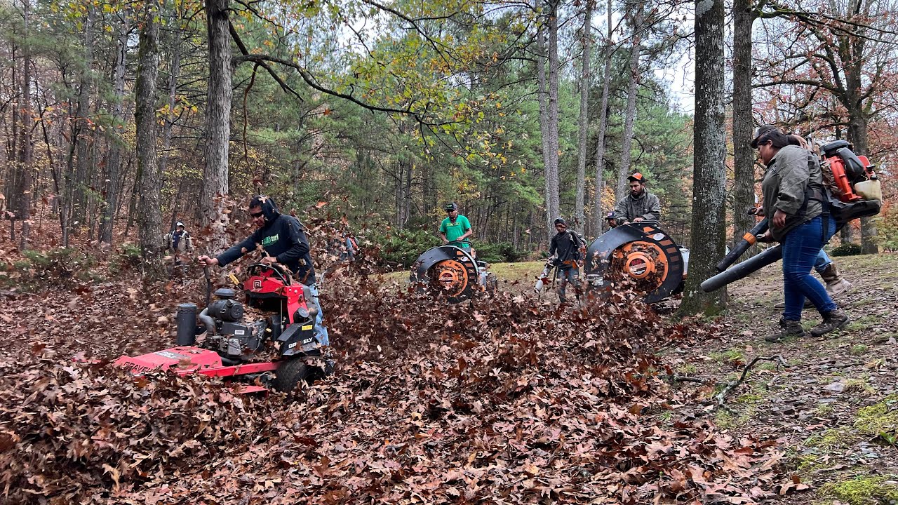 INSANE THICK and WET leaves on MASSIVE yard. ENTIRE leaf army DEMOLISH it with TWO SCAG WINDSTORMS