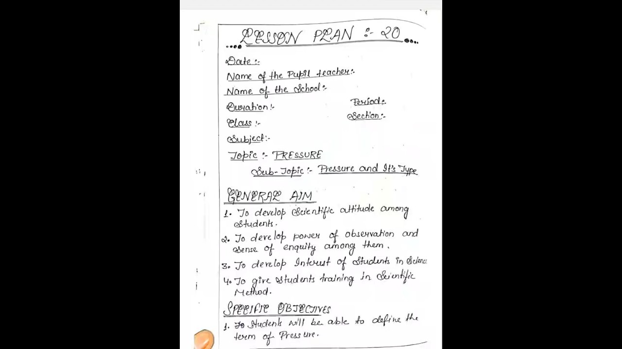 B.Ed Physical Science Lesson Plan 20 | lesson plan science topic Pressure 