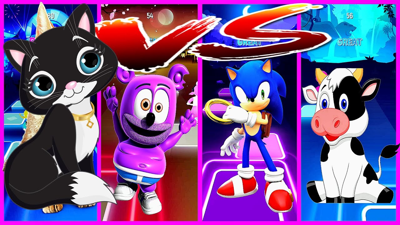 Cute Cat VS Gummy Bear VS Sonic VS Crazy Cow Tiles Hop Game