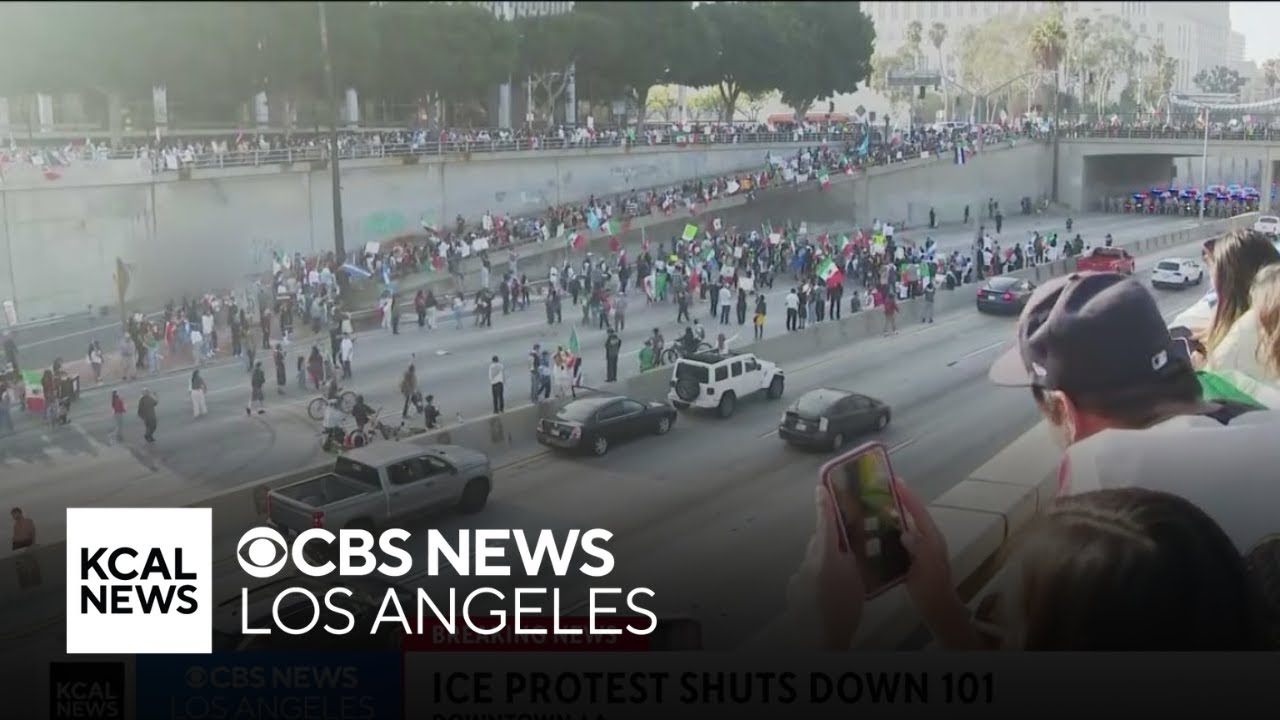 Anti-ICE protesters flood 101 Freeway in downtown Los Angeles
